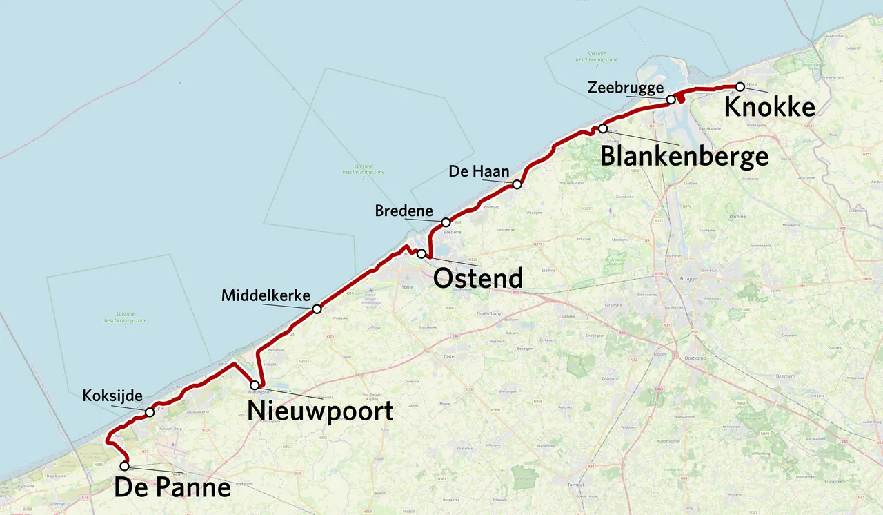 Route of the Belgian Coast Tram from De Panne to Knokke-Heist