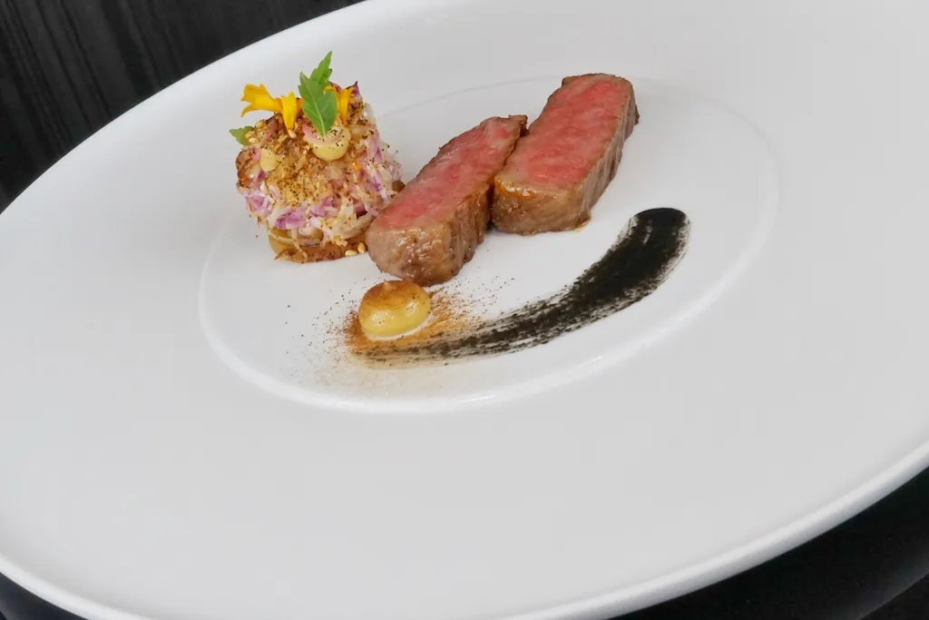A late-period Aqua dish: Kagoshima wagyu chuck rib with fermented salsify, radish and turnip
