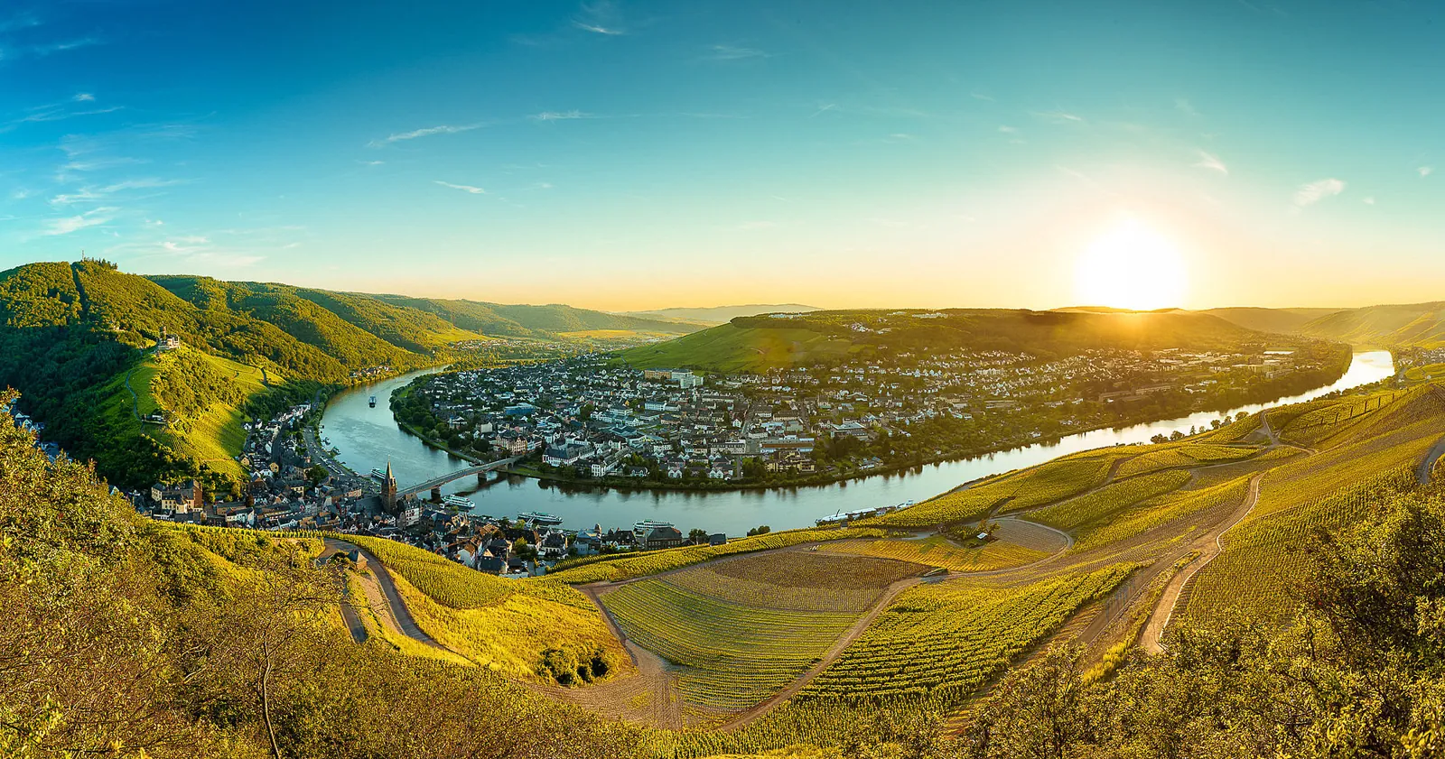 Mosel vineyards and Bernkastel village seen across the river.