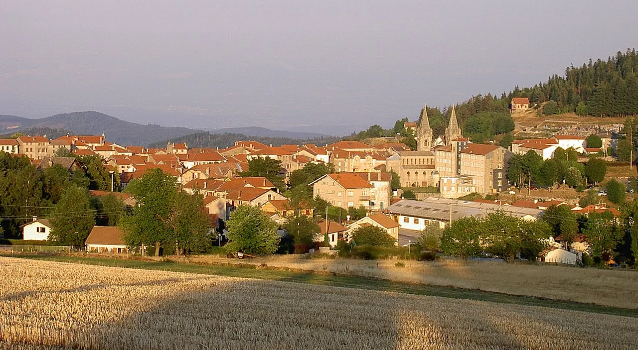 Aerial view of Lalouvesc village on the Ardèche plateau