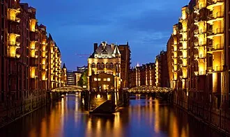 Speicherstadt warehouse district at dusk