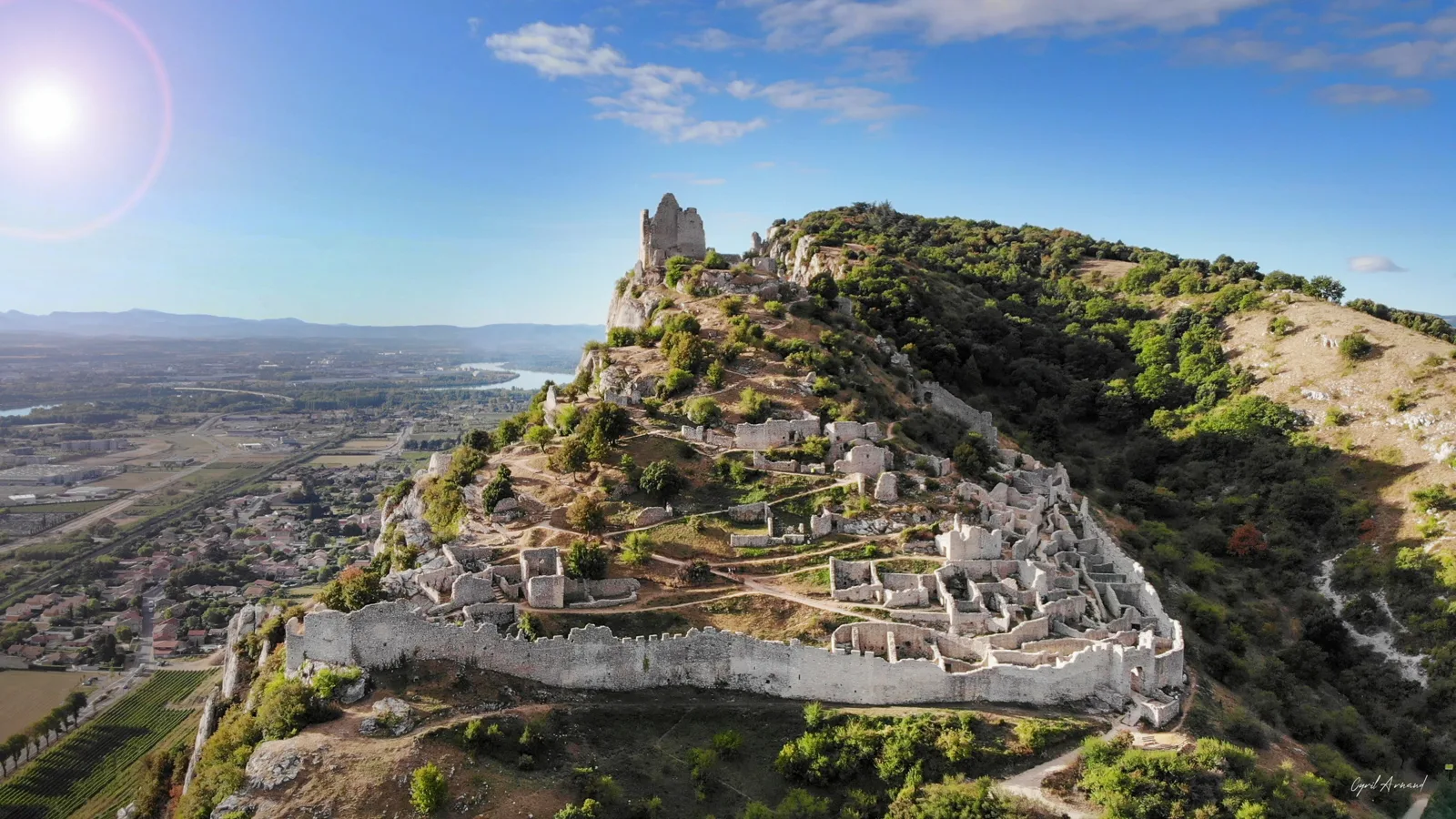 Château de Crussol ruins on the cliff above the Rhône, Ardèche