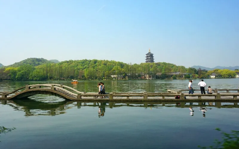 West Lake, Hangzhou — the Su Causeway at dawn