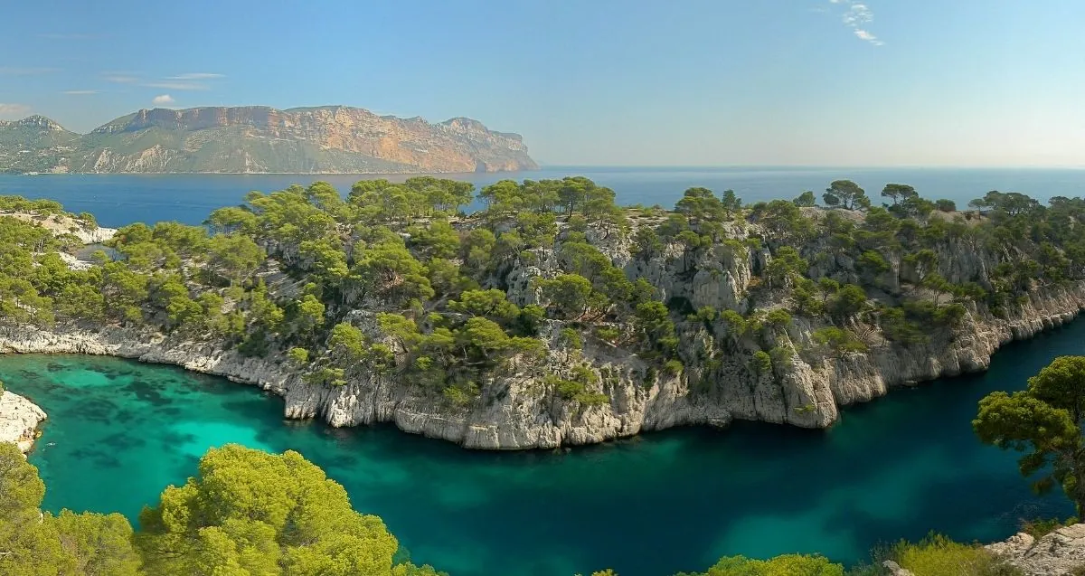 The Calanques limestone fjords near Cassis, turquoise water between white cliffs