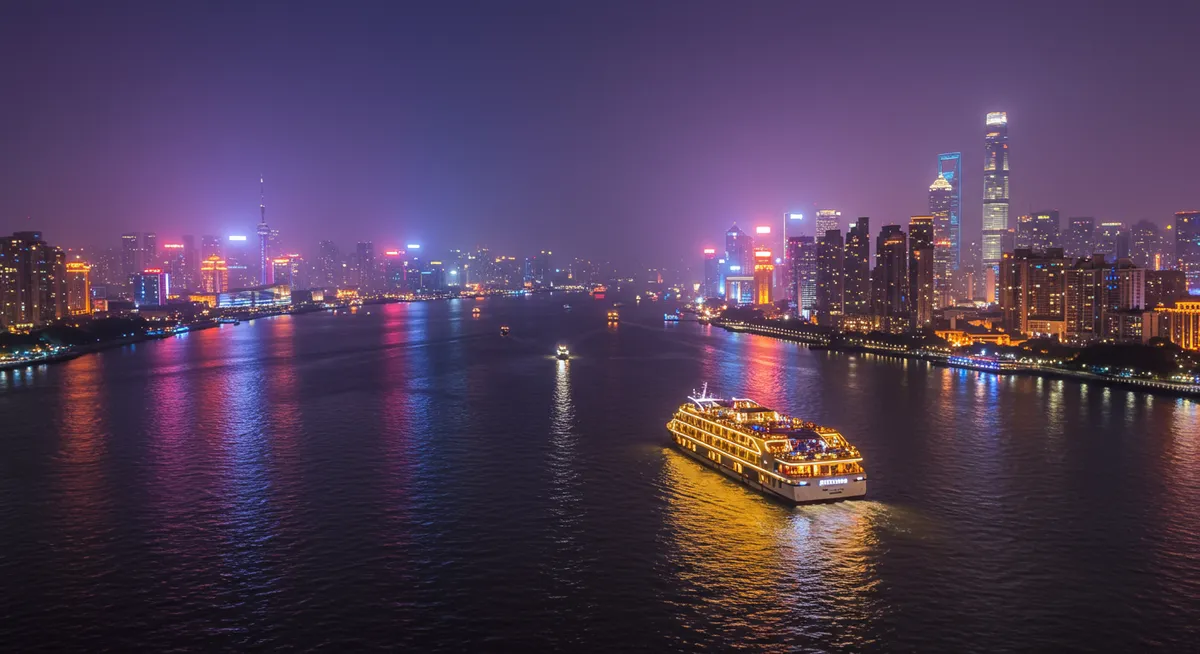 Pearl River night cruise — Canton Tower illuminated from the water