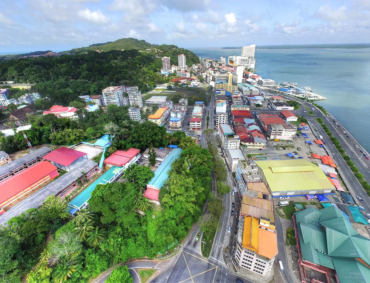 Aerial view over Sandakan town and bay today