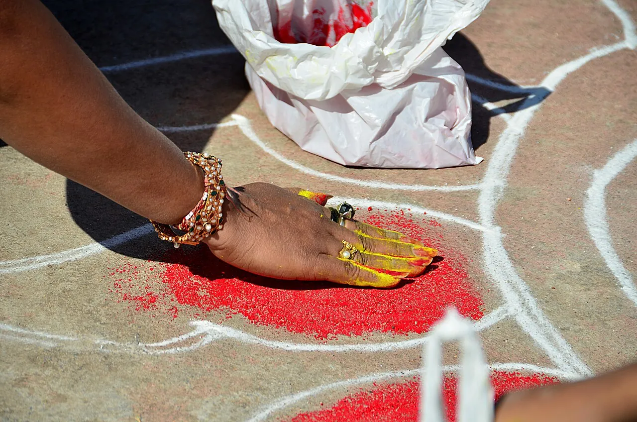 Colourful kolam rice-powder art for Pongal