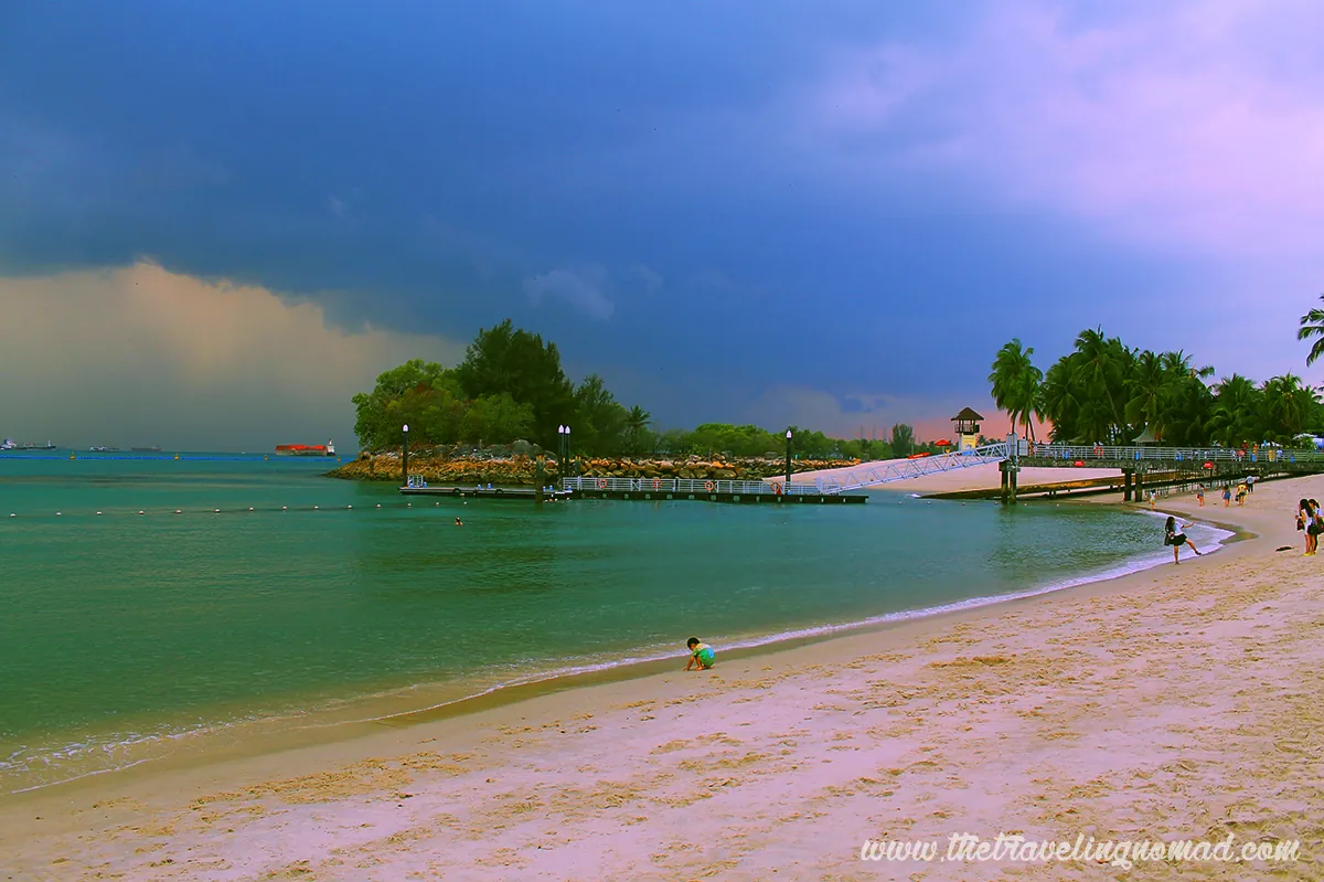 A Sentosa beach with palms and calm water