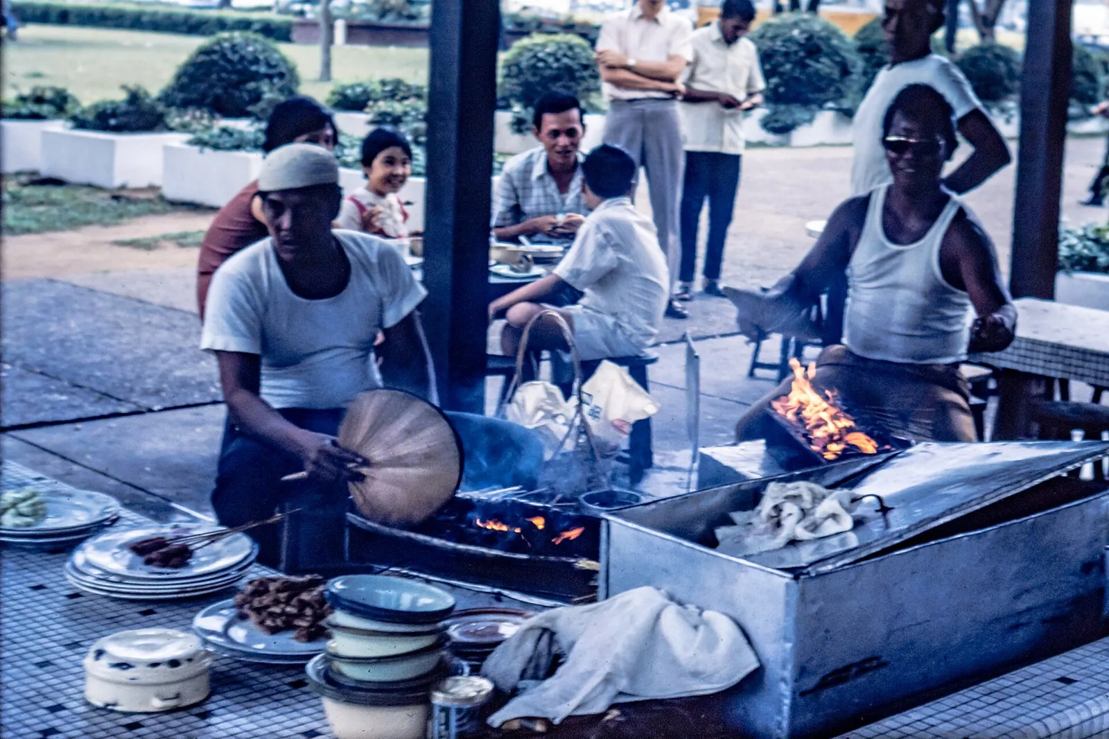 Satay grilling at a Singapore hawker street