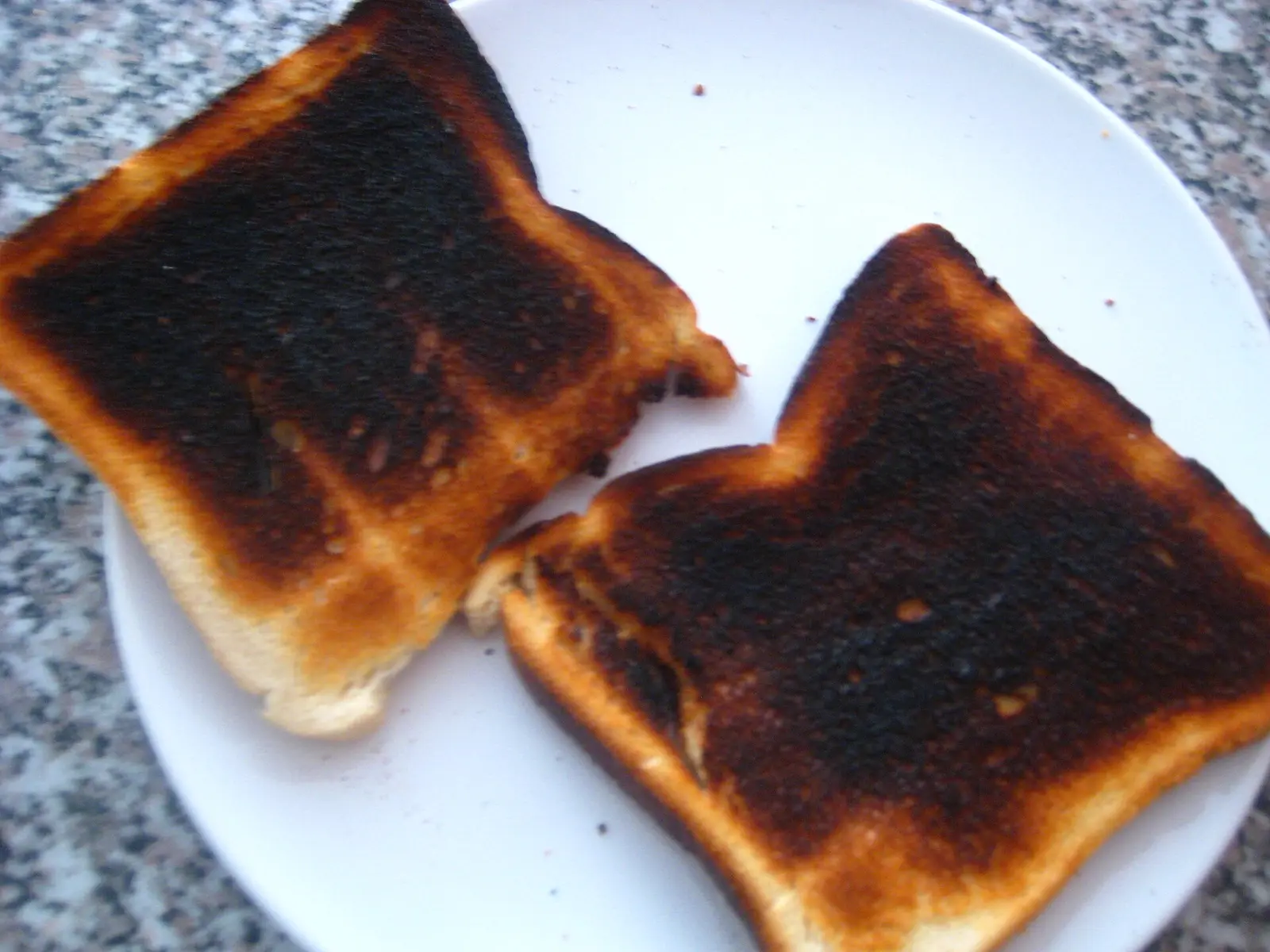 Two slices of badly burnt toast on a white plate