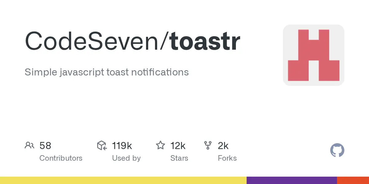 GitHub repository card for CodeSeven/toastr showing 12k stars and 119k dependent repositories