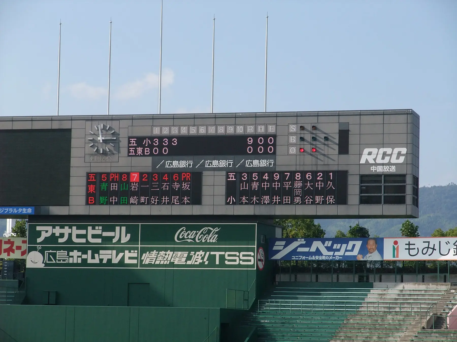A stadium scoreboard panel showing innings, runs and player numbers
