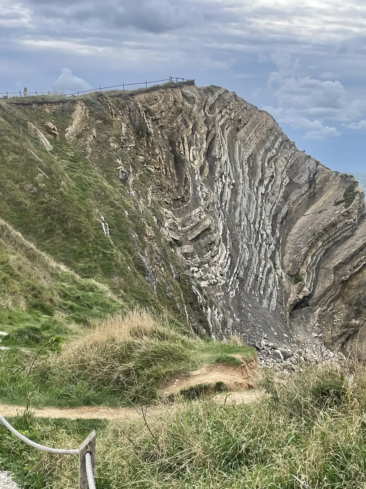 The Lulworth Crumple: violently contorted limestone beds in a coastal cliff, with a fan of fallen rock at the foot