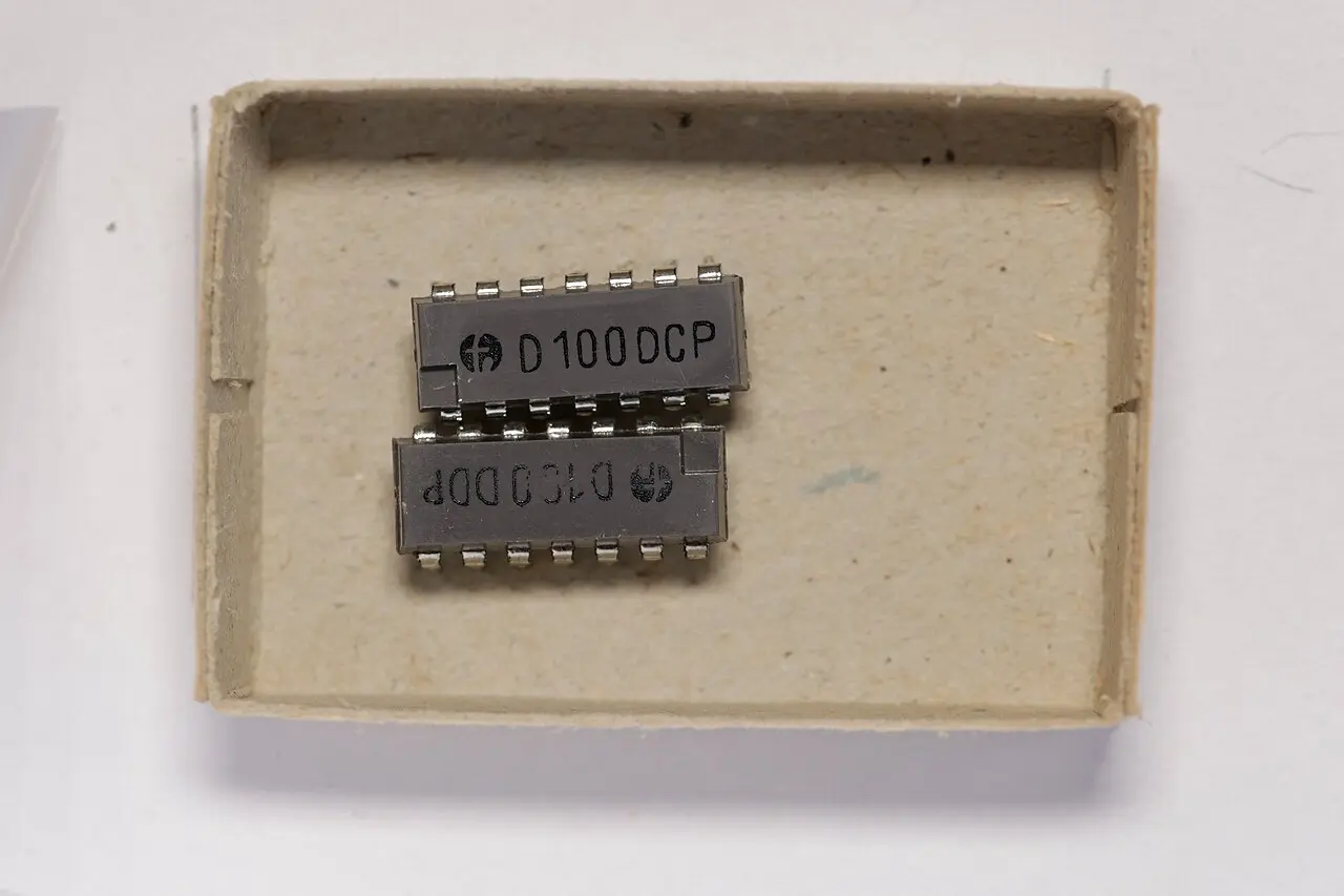 Two old integrated circuits in a small cardboard parts tray