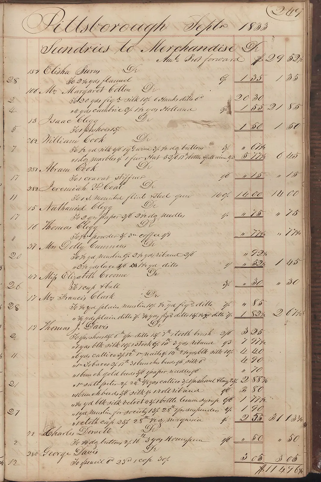 A page from an 1833 merchant's ledger, ruled in red, entries in copperplate hand
