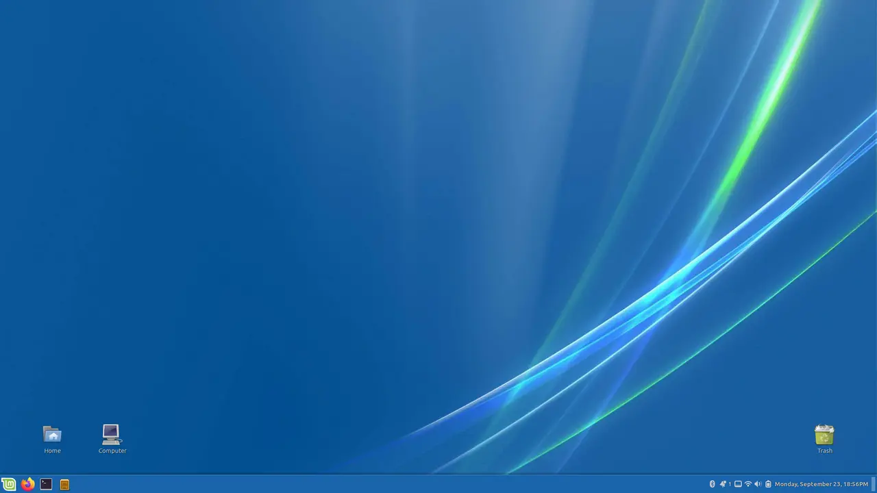 A Linux Mint Cinnamon desktop with a bottom panel, application menu and a customised desktop background