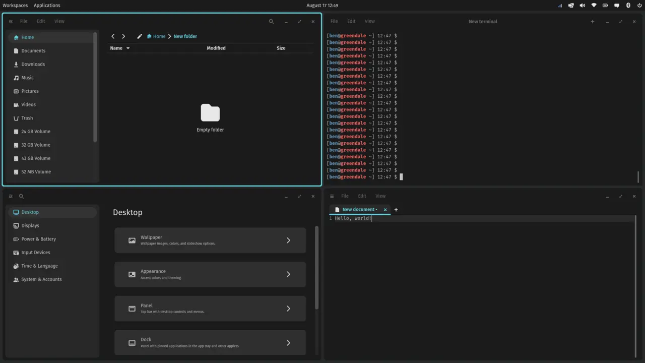 The COSMIC desktop showing a file manager, terminal, settings app and text editor tiled across a dark workspace