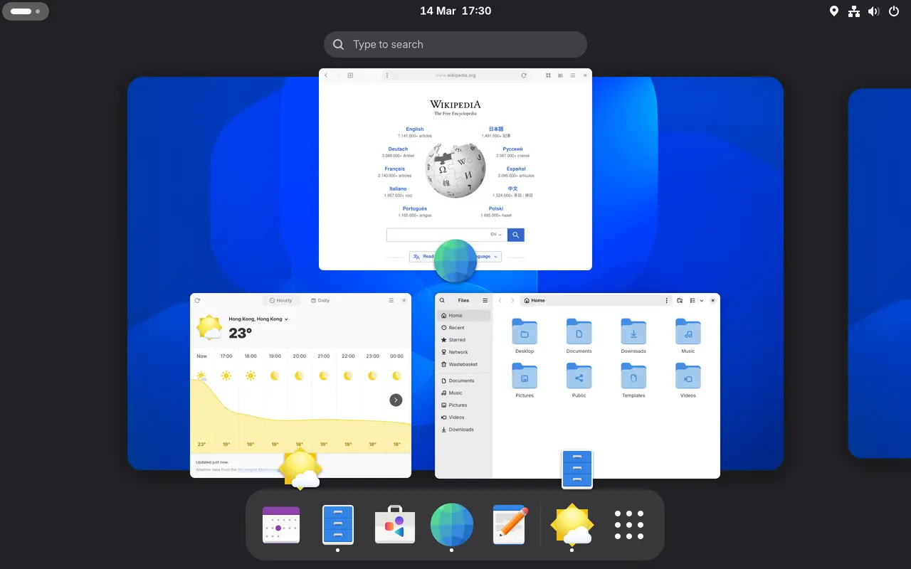 A GNOME Shell desktop showing the Activities overview with search bar, floating window thumbnails and a dock