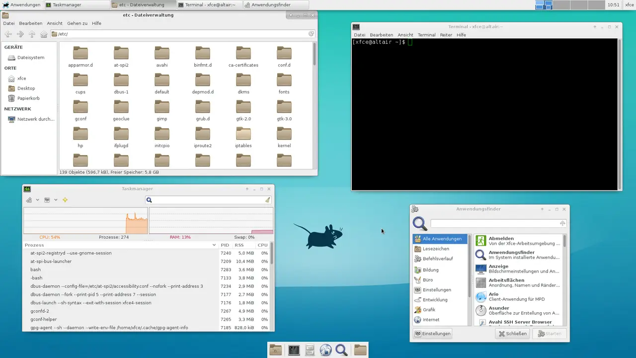 An XFCE desktop with a top taskbar, file manager, terminal, task manager and application finder windows open