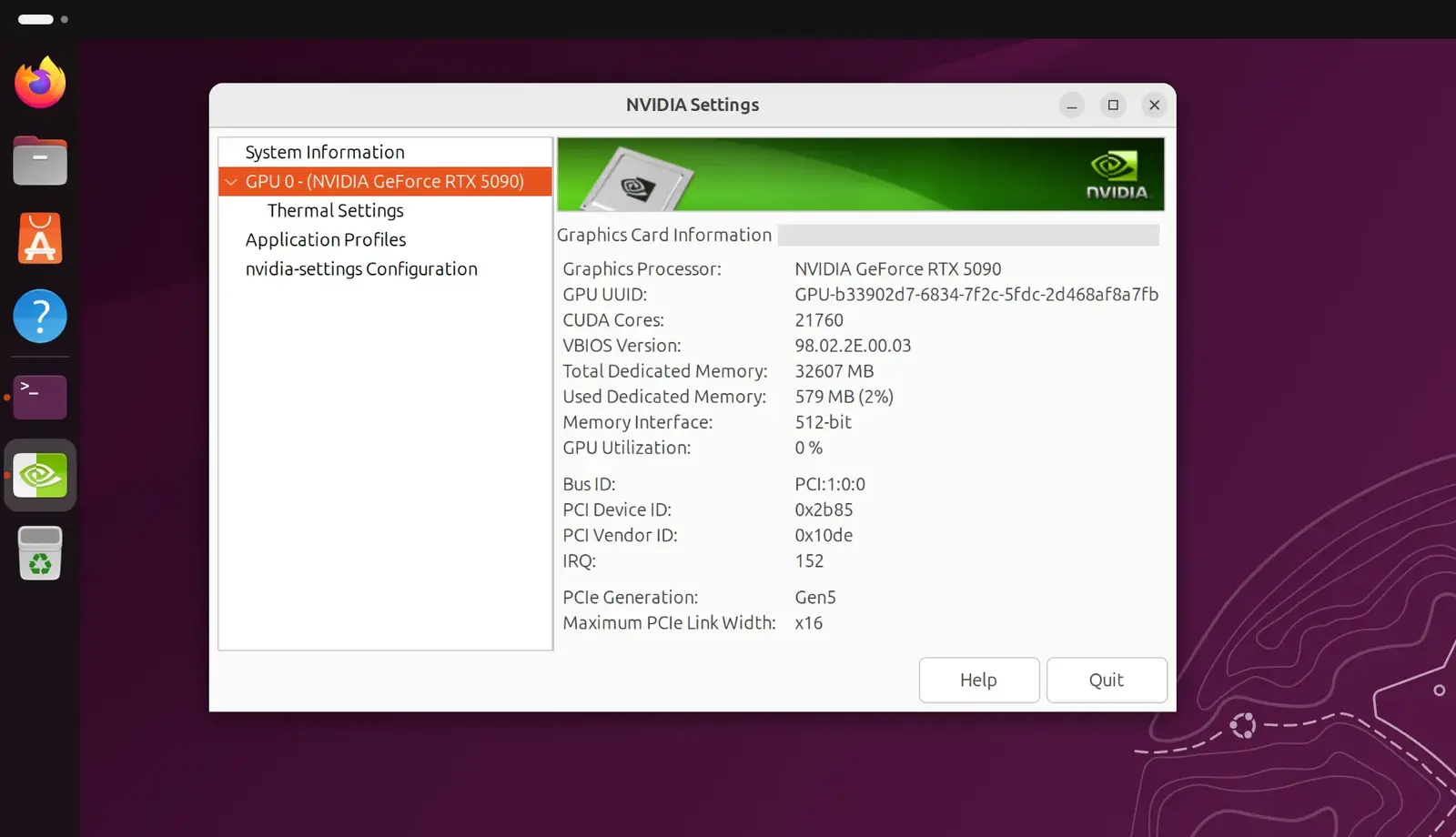 NVIDIA Settings on an Ubuntu desktop reporting a GeForce RTX 5090