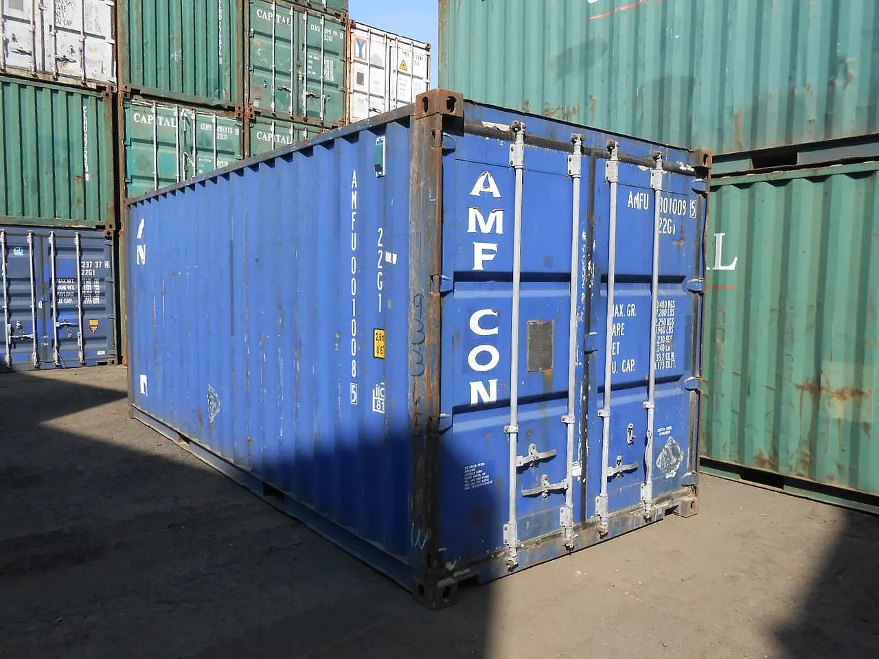 A yard of stacked shipping containers