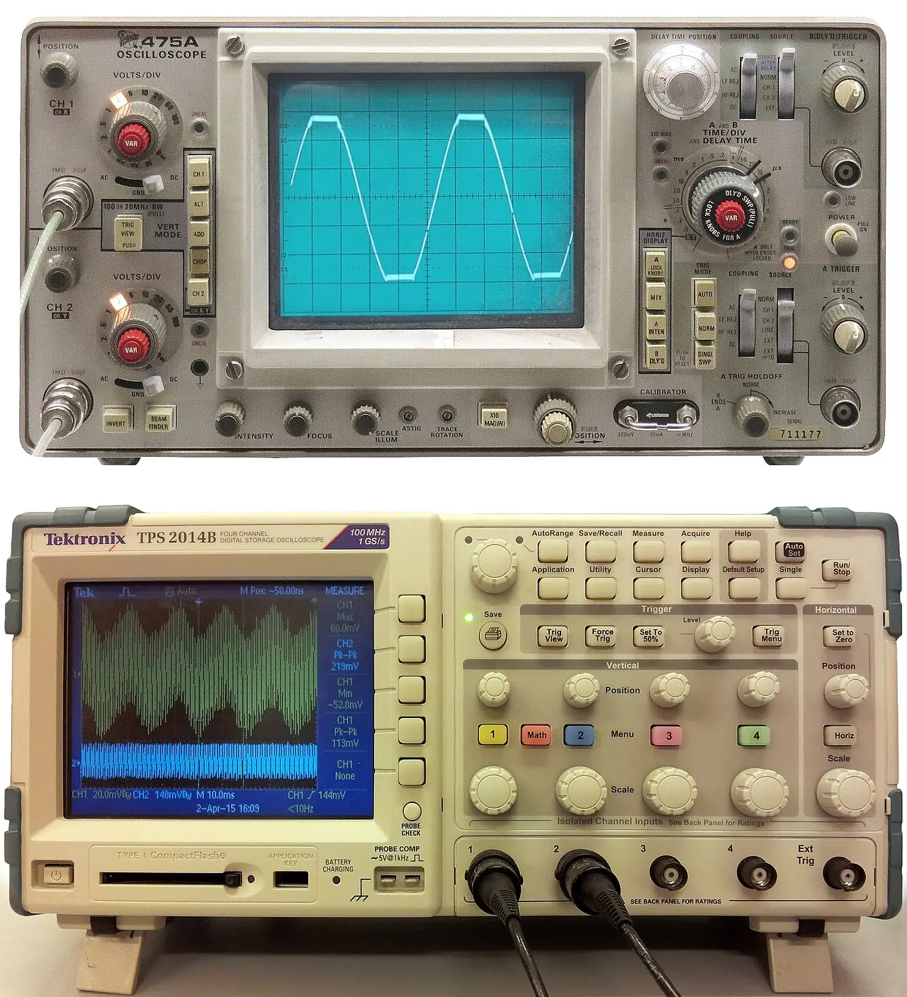 Analog CRT oscilloscope beside a digital storage oscilloscope on a bench
