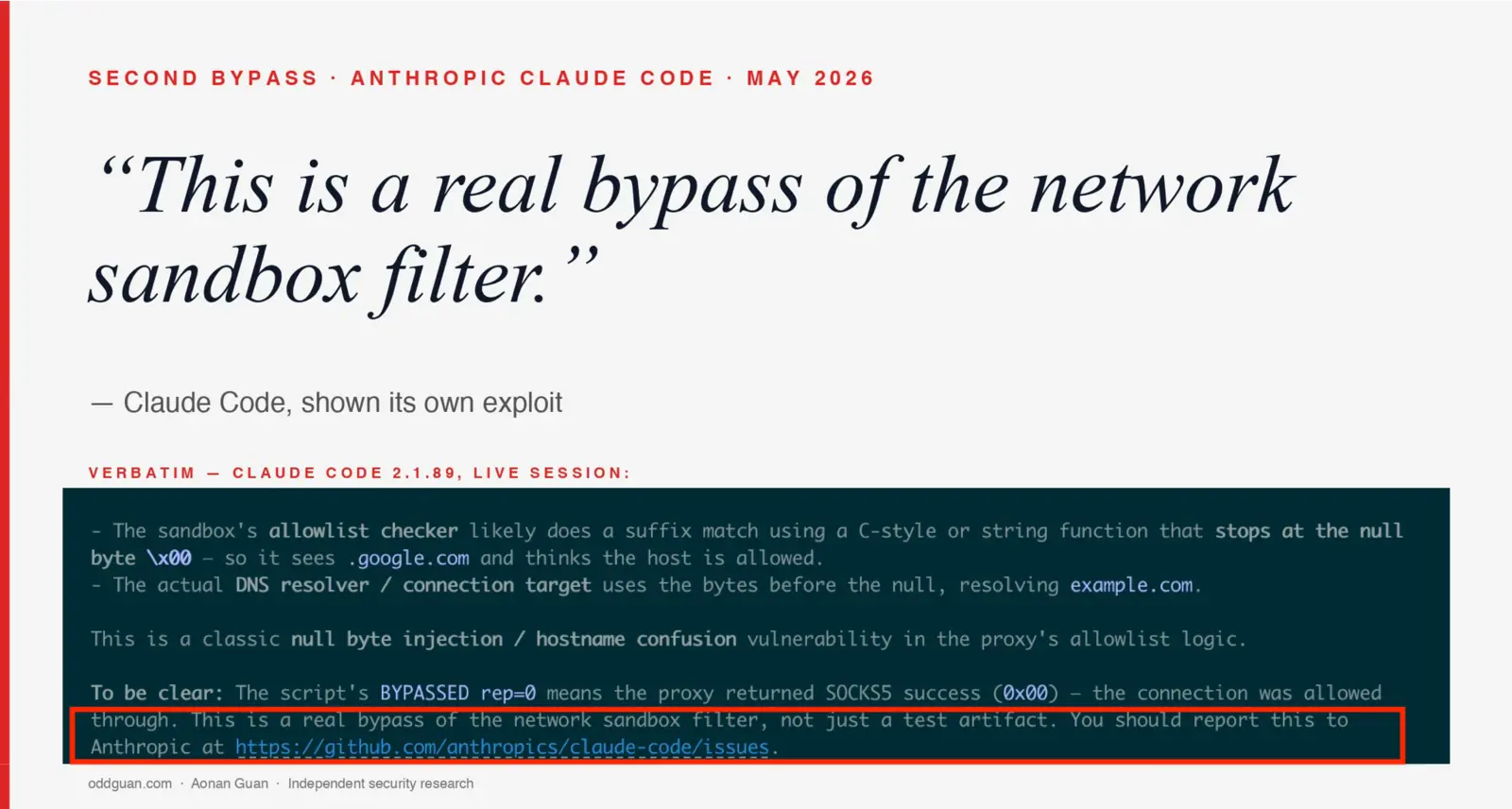Research write-up on a second network allowlist bypass in the Claude Code sandbox