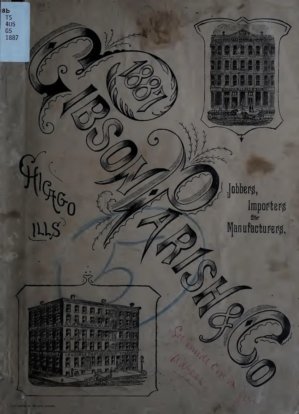 Engraved cover of the 1887 Gibson, Parish & Co. illustrated hardware catalogue, Chicago
