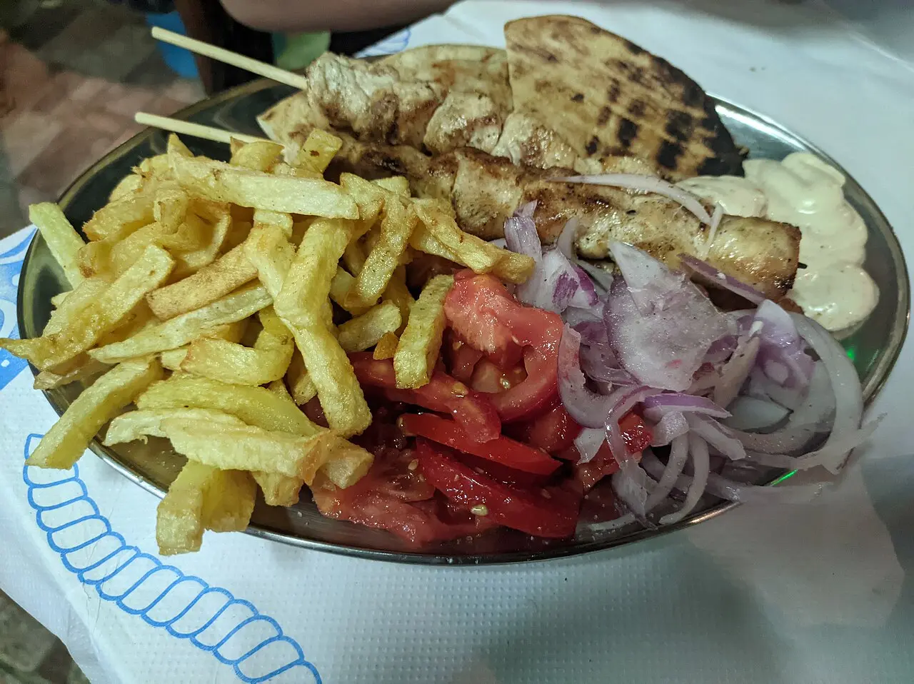 A plate of Greek souvlaki