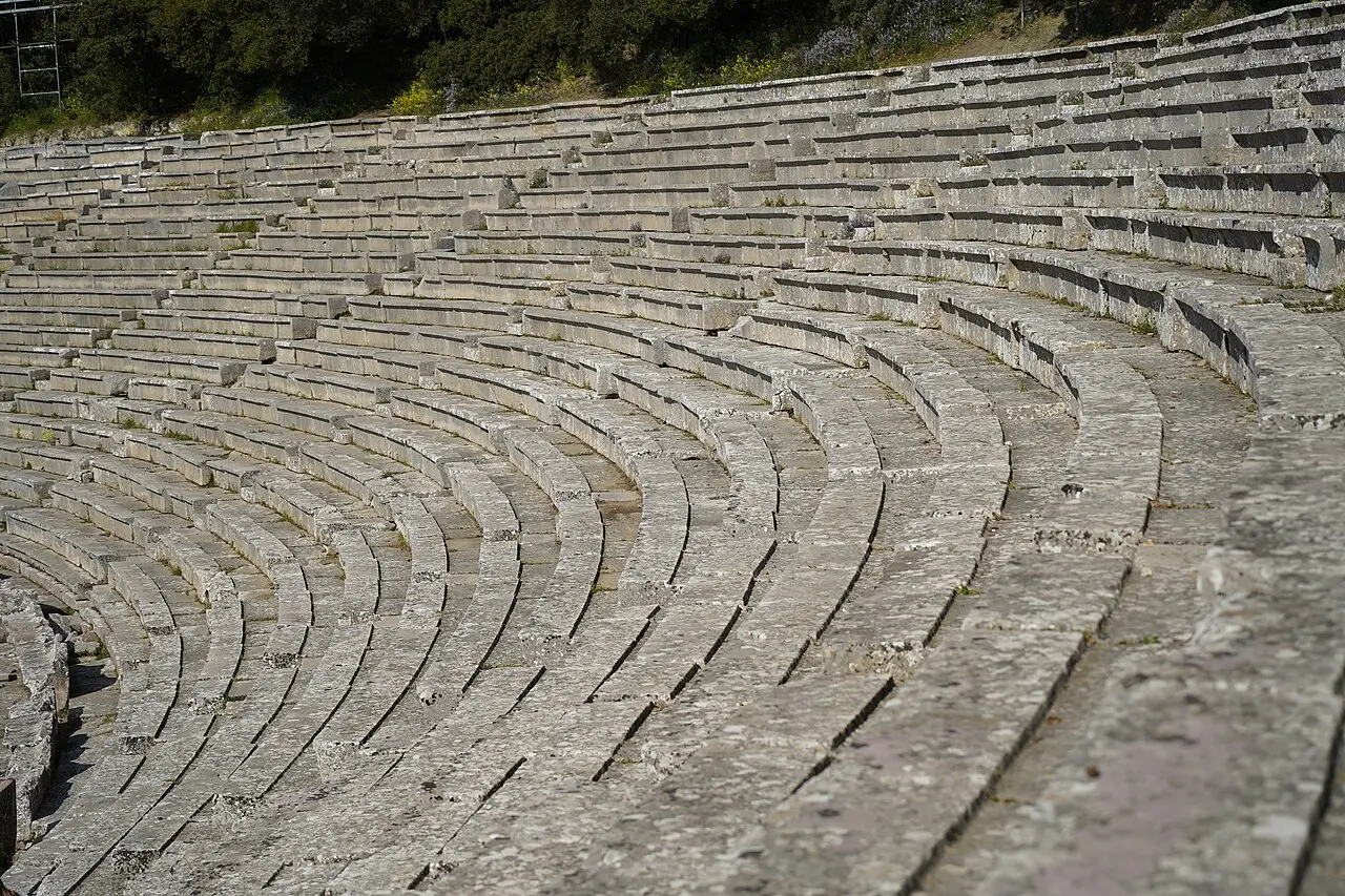 The exposed stone tiers of the theatre at Epidaurus