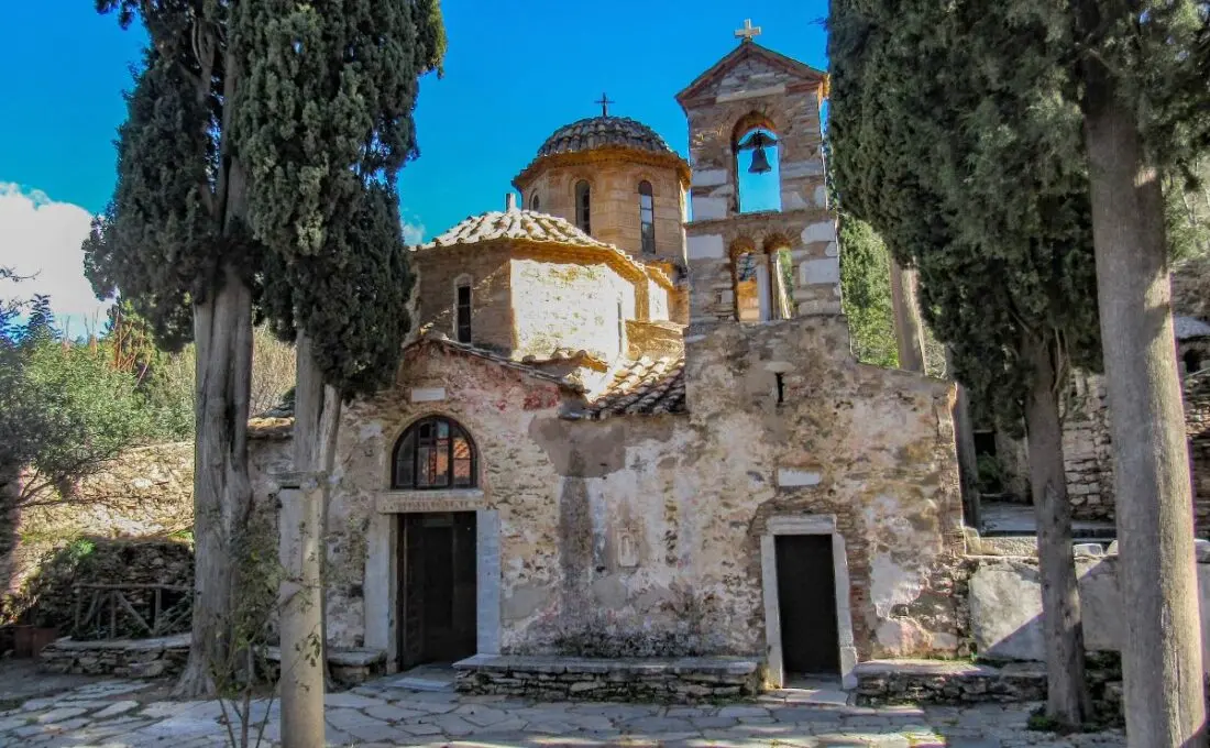 Kaisariani Monastery among cypresses on Mount Hymettus