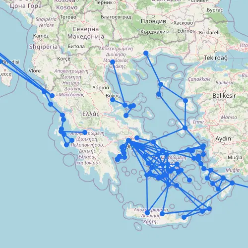 The Greek ferry network, with routes fanning out from Athens