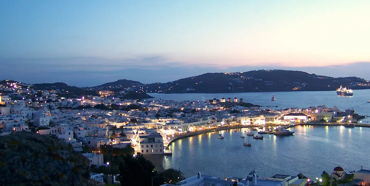 Mykonos harbour at night