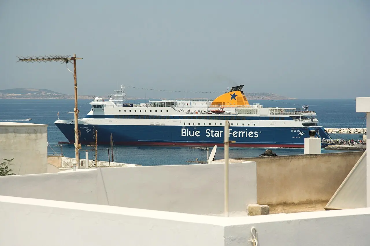 A Blue Star ferry arriving in the Cyclades
