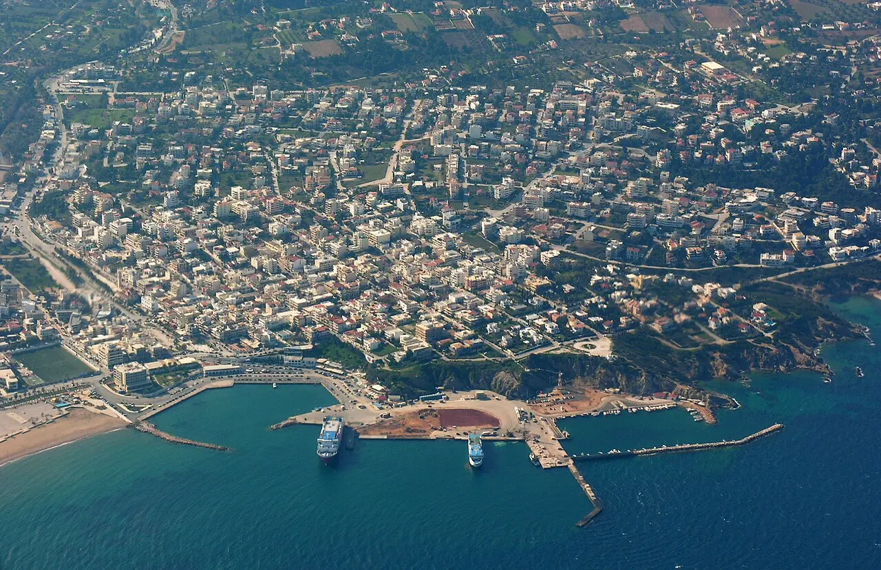 Rafina from the air, with two ferries alongside
