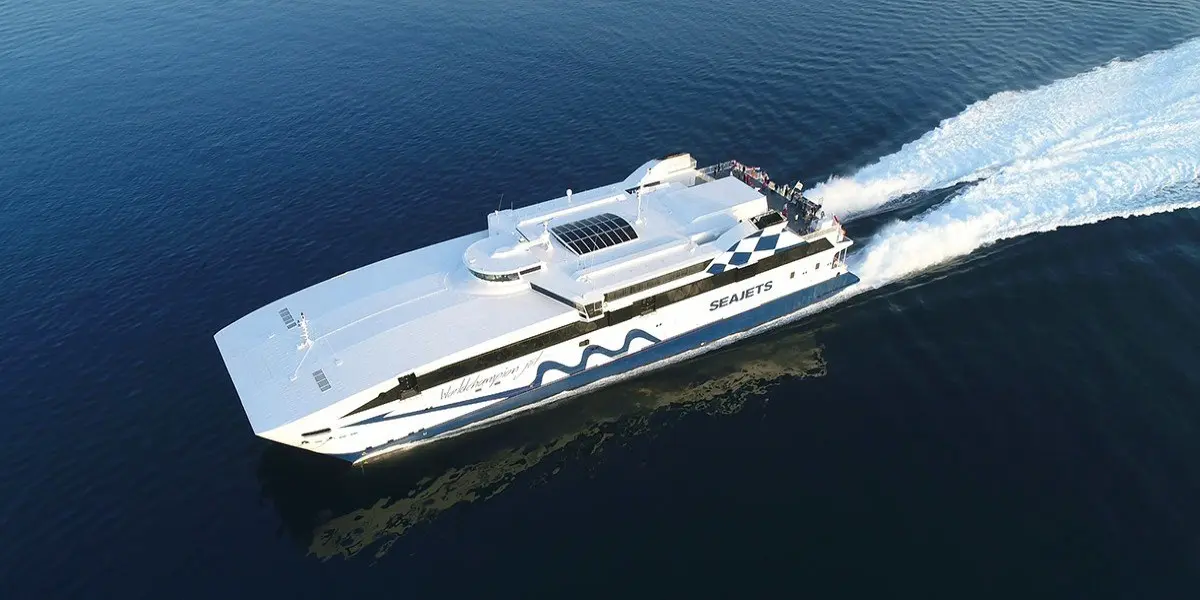 A high-speed catamaran running at speed