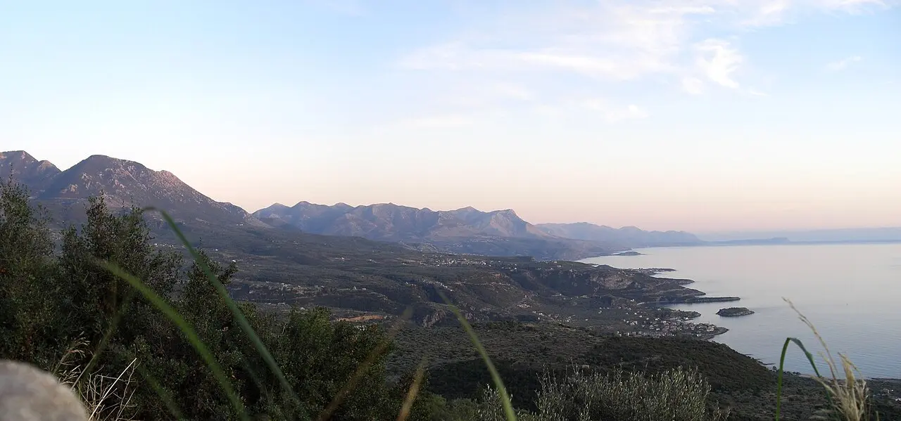 The Messenian Mani coast at dusk, the Taygetos falling into the sea