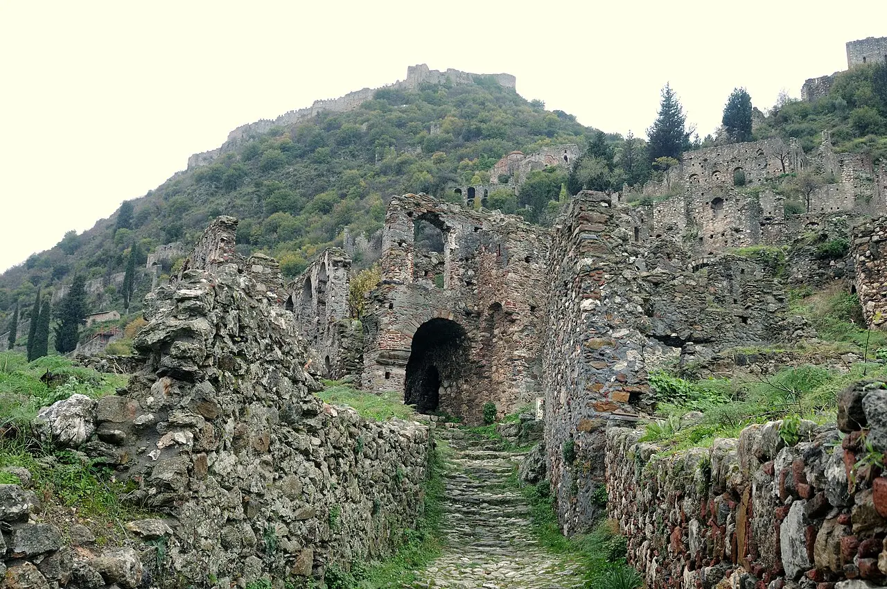 The Byzantine churches and ruins of Mystras on the slopes below the castle