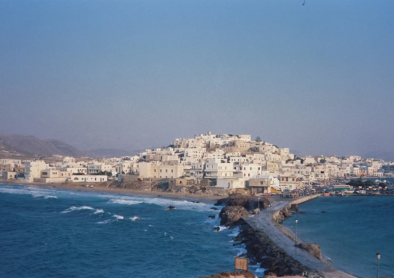 Naxos Chora seen from the water, the medieval Kastro crowning the town