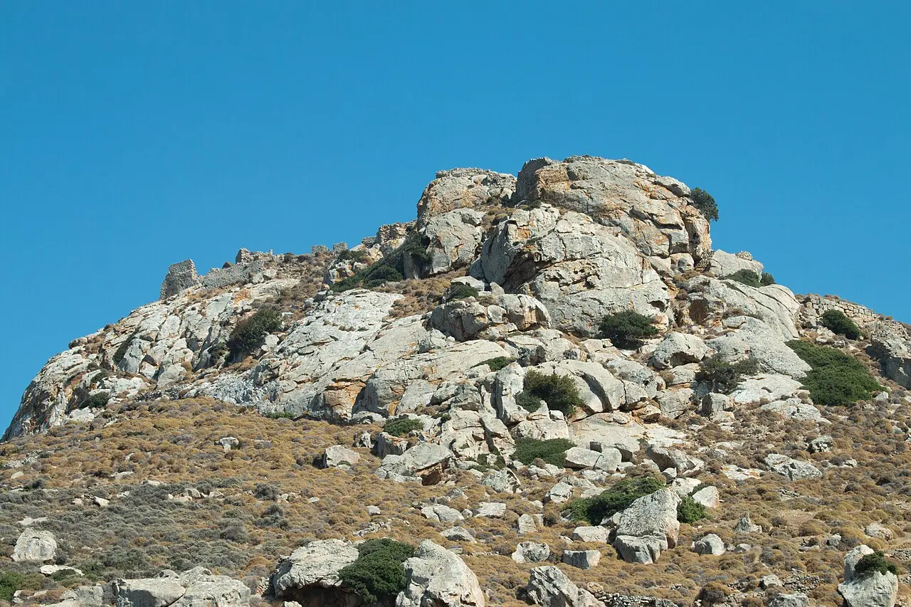 Apano Kastro, the Frankish castle rock in the Tragaea, Naxos